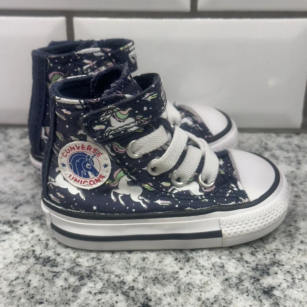 Converse Kids 2 Chuck Taylor High Top Navy Blue Unicorn Print Hook Loop Sneaker